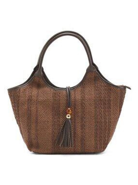 CHEVAL Made In Italy Straw Satchel Bead Flap Leather Tassel